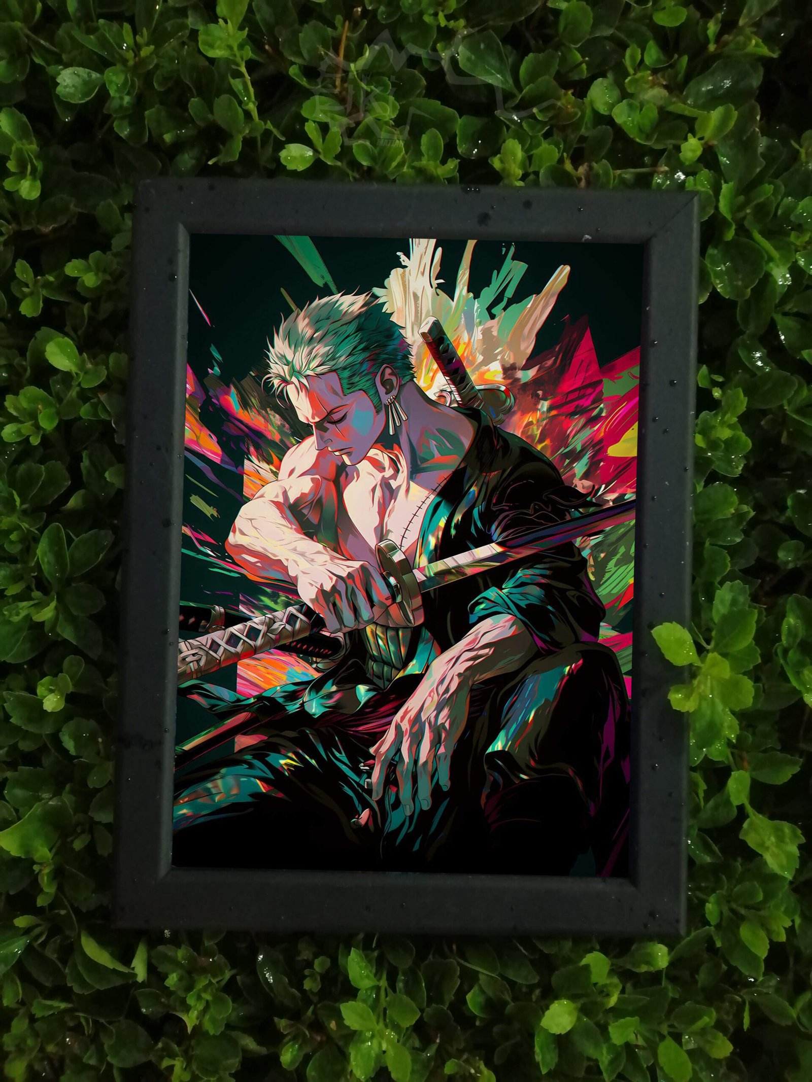 7 Roronoa Zoro Wall Art – Black Frame (13x15cm) - Image 1