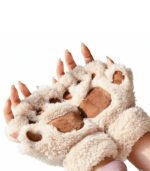 Kawaii Cat Paw Plush Gloves – Fingerless Cosplay Mittens - Image 3