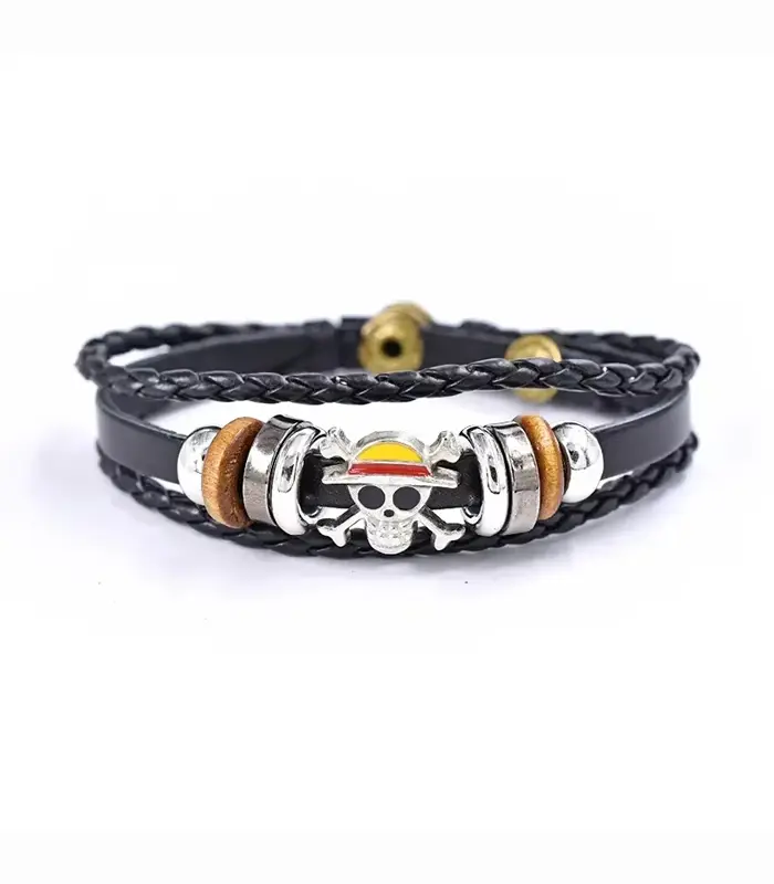 OP-Bracelet1 One Piece Straw Hat Pirates Bracelet – Luffy Skull Leather Band - Image 1